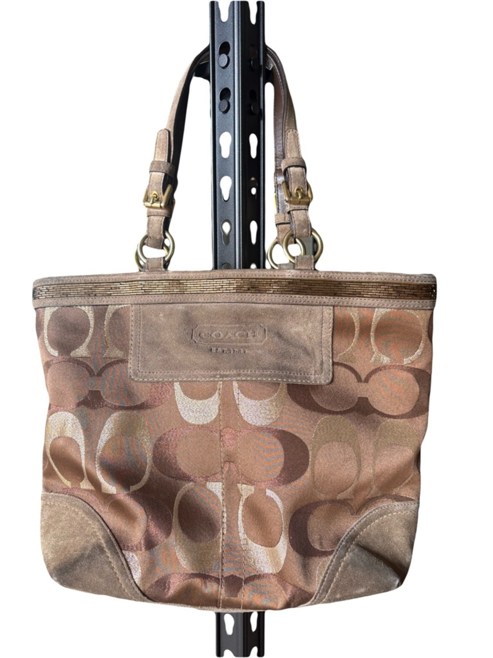 COACH 1941 suede leather/Signature cotton canvas Sequins zip top tote